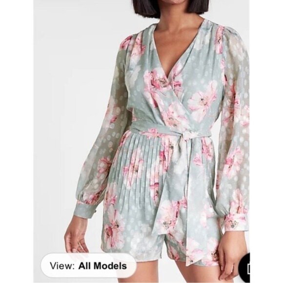 NWT Express floral long sleeve pleated wrap front romper spring M - Picture 1 of 12